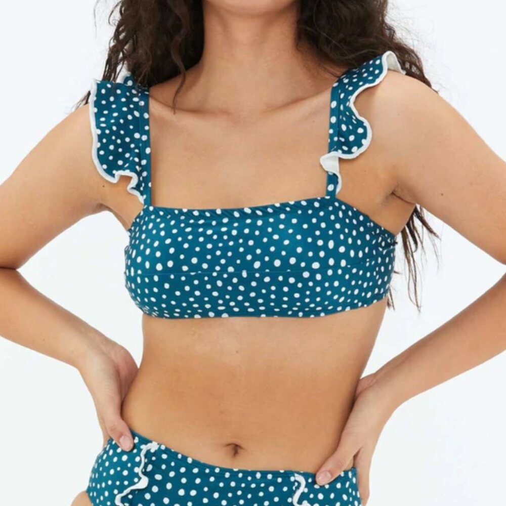 SUMMERSALT The Ruffle Oasis Bikini Top | 6 | teal/white polka dot | like new!